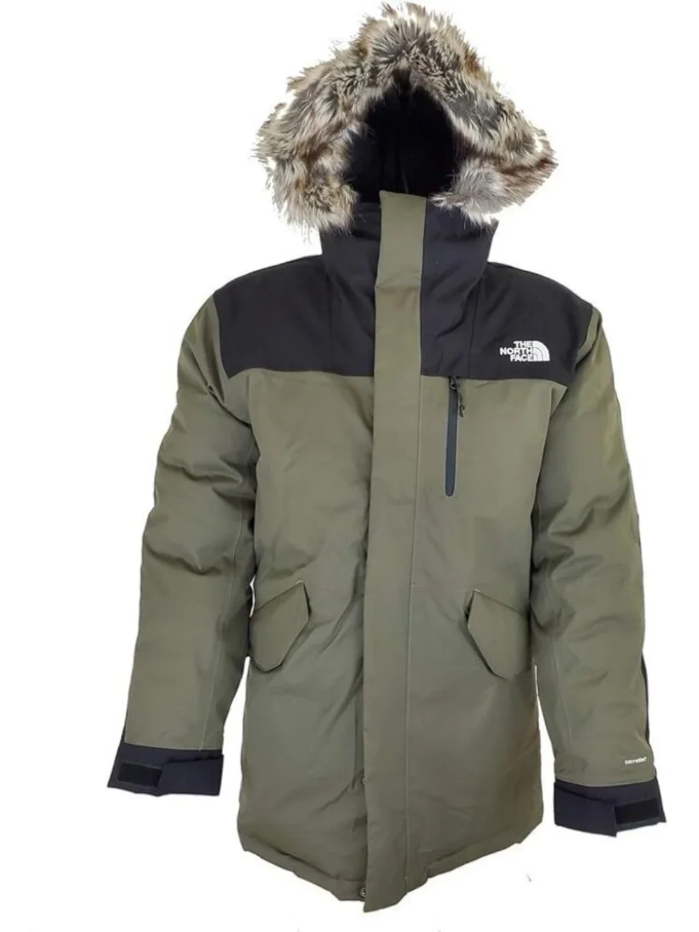 The North Face Faux Fur Removable Full Zip Down Jacket Olive Green Mens S Hooded